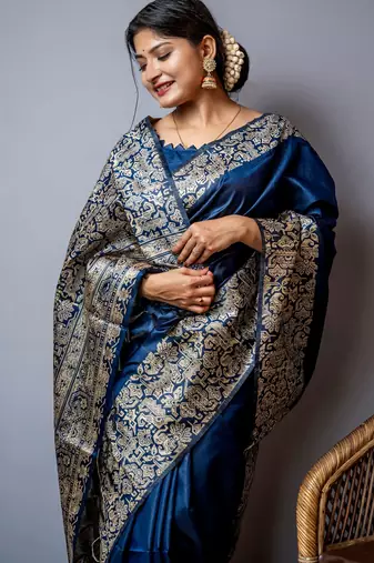 navy blue handloom raw silk weaving designer saree with blouse