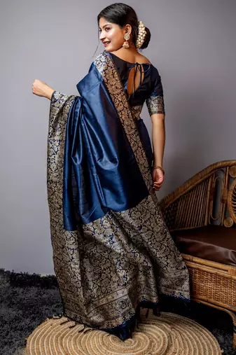 navy blue handloom raw silk weaving designer saree with blouse