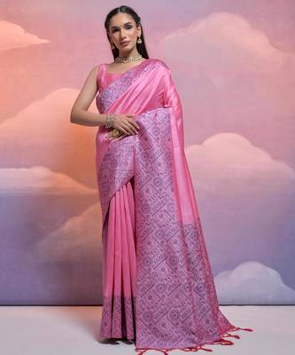 pink handloom raw silk weaving designer saree with blouse 1