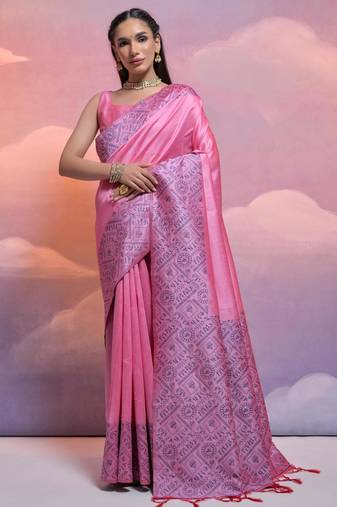 pink handloom raw silk weaving designer saree with blouse