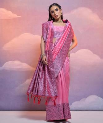 pink handloom raw silk weaving designer saree with blouse 2