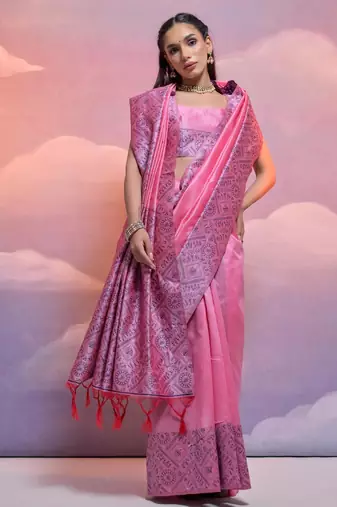 pink handloom raw silk weaving designer saree with blouse