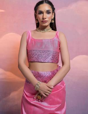 pink handloom raw silk weaving designer saree with blouse 4