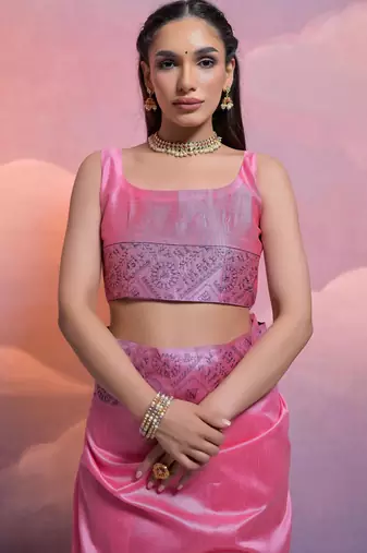 pink handloom raw silk weaving designer saree with blouse