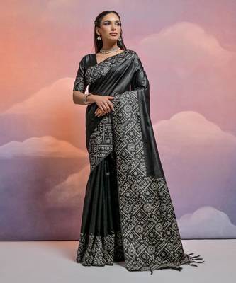 black handloom raw silk weaving designer saree with blouse 1