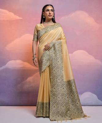 cream handloom raw silk weaving designer saree with blouse 1