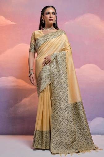 cream handloom raw silk weaving designer saree with blouse