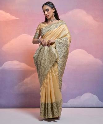 cream handloom raw silk weaving designer saree with blouse 2