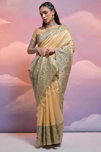 cream handloom raw silk weaving designer saree with blouse