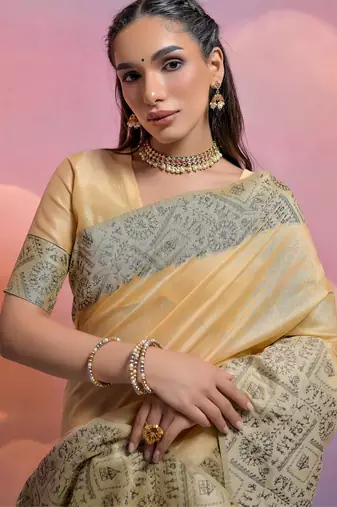 cream handloom raw silk weaving designer saree with blouse