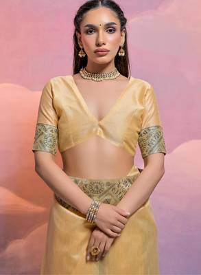 cream handloom raw silk weaving designer saree with blouse 4