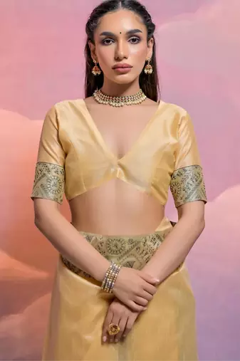 cream handloom raw silk weaving designer saree with blouse