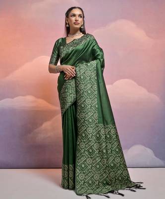bottle green handloom raw silk weaving designer saree with blouse 1