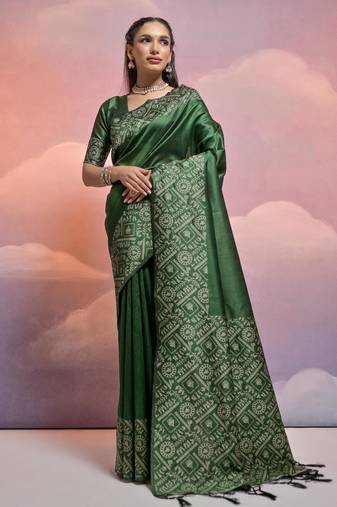 bottle green handloom raw silk weaving designer saree with blouse