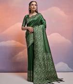 bottle green handloom raw silk weaving designer saree with blouse