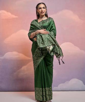bottle green handloom raw silk weaving designer saree with blouse 2