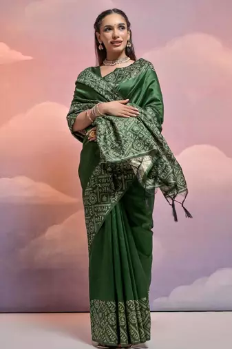 bottle green handloom raw silk weaving designer saree with blouse