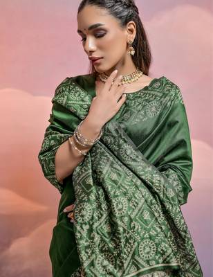 bottle green handloom raw silk weaving designer saree with blouse 3