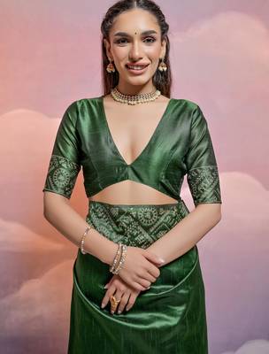 bottle green handloom raw silk weaving designer saree with blouse 4