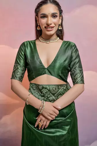 bottle green handloom raw silk weaving designer saree with blouse