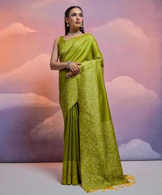 mehendi handloom raw silk weaving designer saree with blouse 1