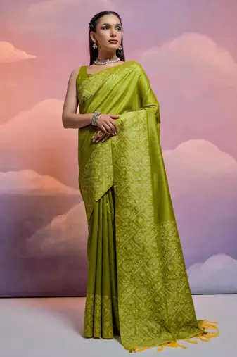 mehendi handloom raw silk weaving designer saree with blouse