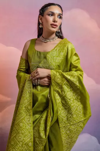 mehendi handloom raw silk weaving designer saree with blouse