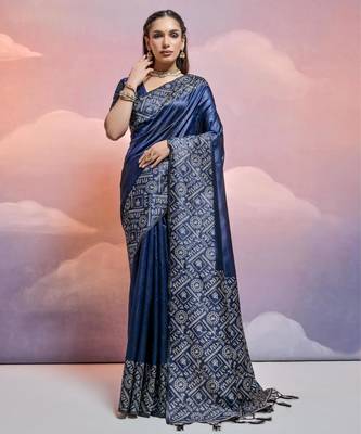 navy blue handloom raw silk weaving designer saree with blouse 1