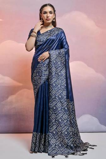 navy blue handloom raw silk weaving designer saree with blouse