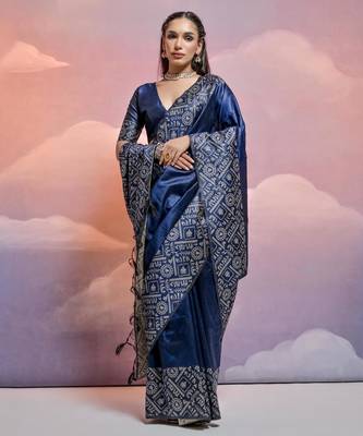 navy blue handloom raw silk weaving designer saree with blouse 2