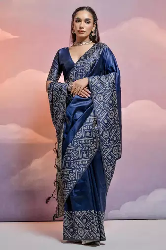 navy blue handloom raw silk weaving designer saree with blouse