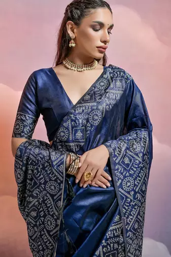 navy blue handloom raw silk weaving designer saree with blouse