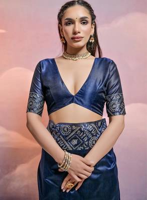 navy blue handloom raw silk weaving designer saree with blouse 4