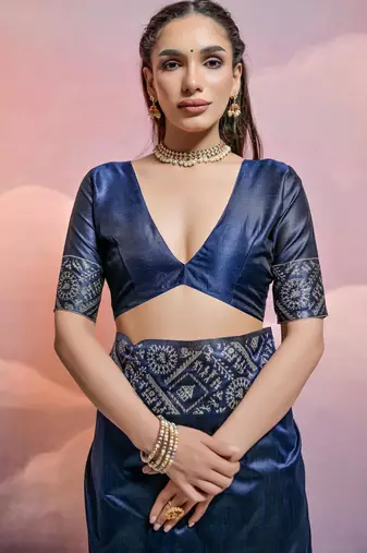 navy blue handloom raw silk weaving designer saree with blouse
