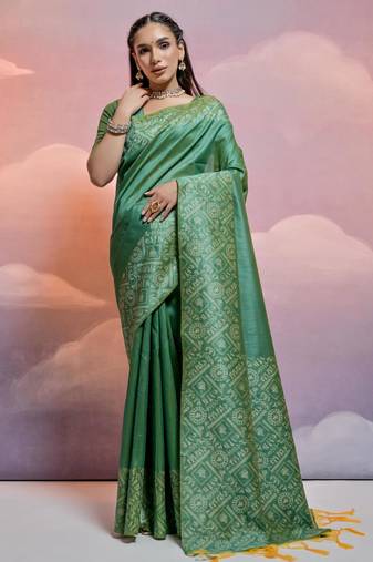 green handloom raw silk weaving designer saree with blouse