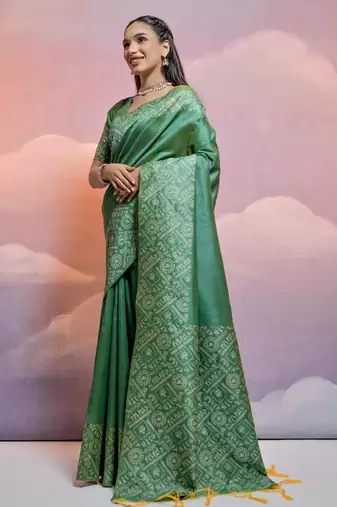 green handloom raw silk weaving designer saree with blouse