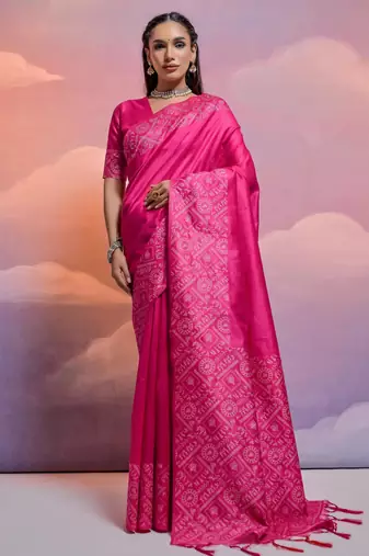 rani pink handloom raw silk weaving designer saree with blouse