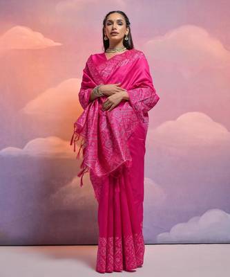 rani pink handloom raw silk weaving designer saree with blouse 2