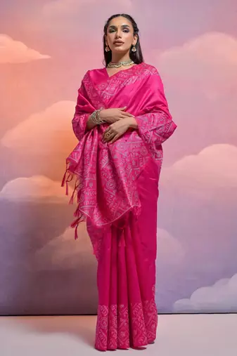 rani pink handloom raw silk weaving designer saree with blouse