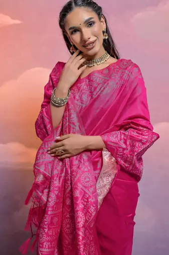 rani pink handloom raw silk weaving designer saree with blouse