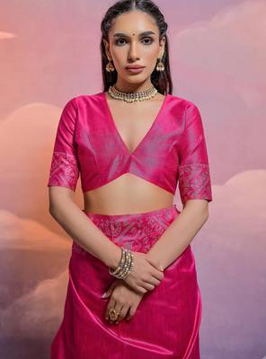 rani pink handloom raw silk weaving designer saree with blouse 4