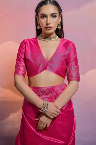 rani pink handloom raw silk weaving designer saree with blouse
