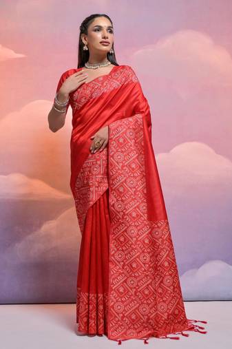 red handloom raw silk weaving designer saree with blouse