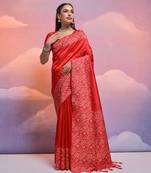 red handloom raw silk weaving designer saree with blouse