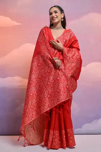 red handloom raw silk weaving designer saree with blouse