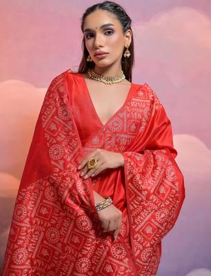 red handloom raw silk weaving designer saree with blouse 3