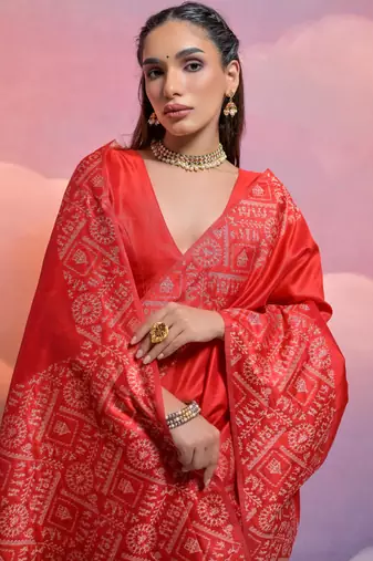 red handloom raw silk weaving designer saree with blouse