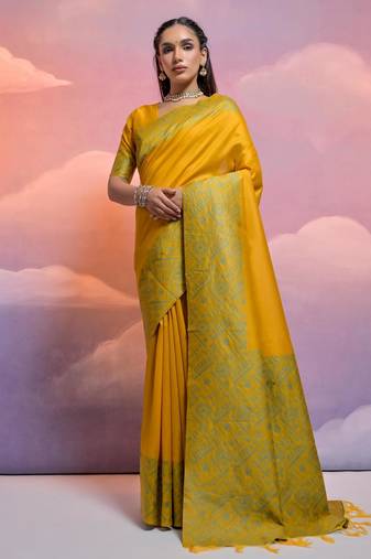 yellow handloom raw silk weaving designer saree with blouse