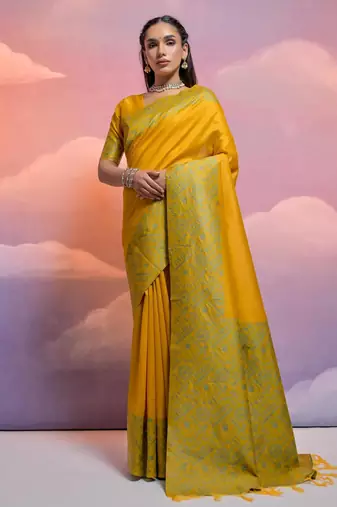 yellow handloom raw silk weaving designer saree with blouse