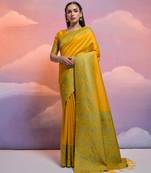 yellow handloom raw silk weaving designer saree with blouse